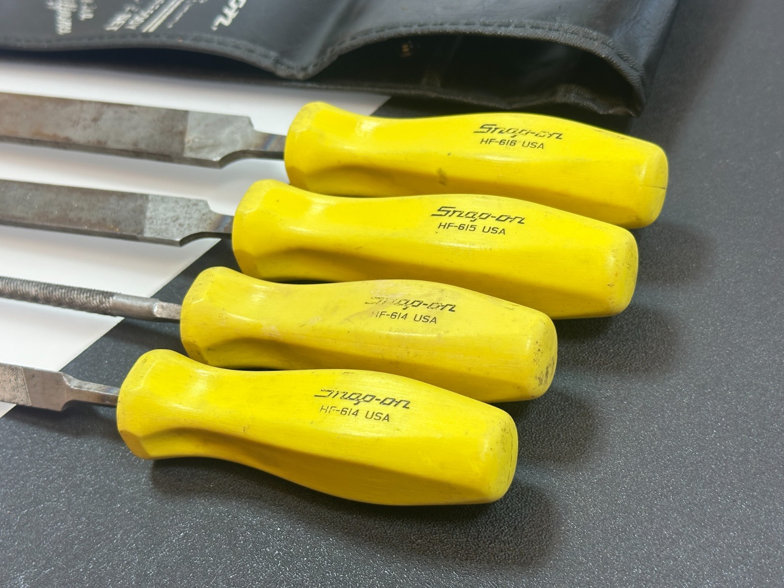 Snap-On Tools USA HBF500Y 4pc CLASSIC YELLOW Hard Handle File Set & Kit Bag RARE