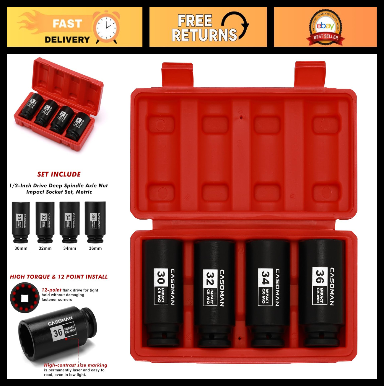 1/2″ Drive Deep Spindle Axle Nut Impact Socket Set, 12 Point Metric, CR-MO, 30-3