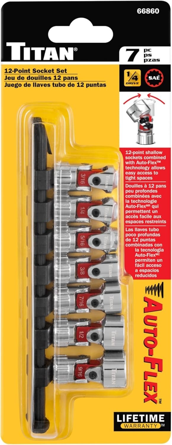 Titan 66860 7-Piece 1/4-Inch Drive SAE Auto Flex Universal Socket Set, 12-Point,