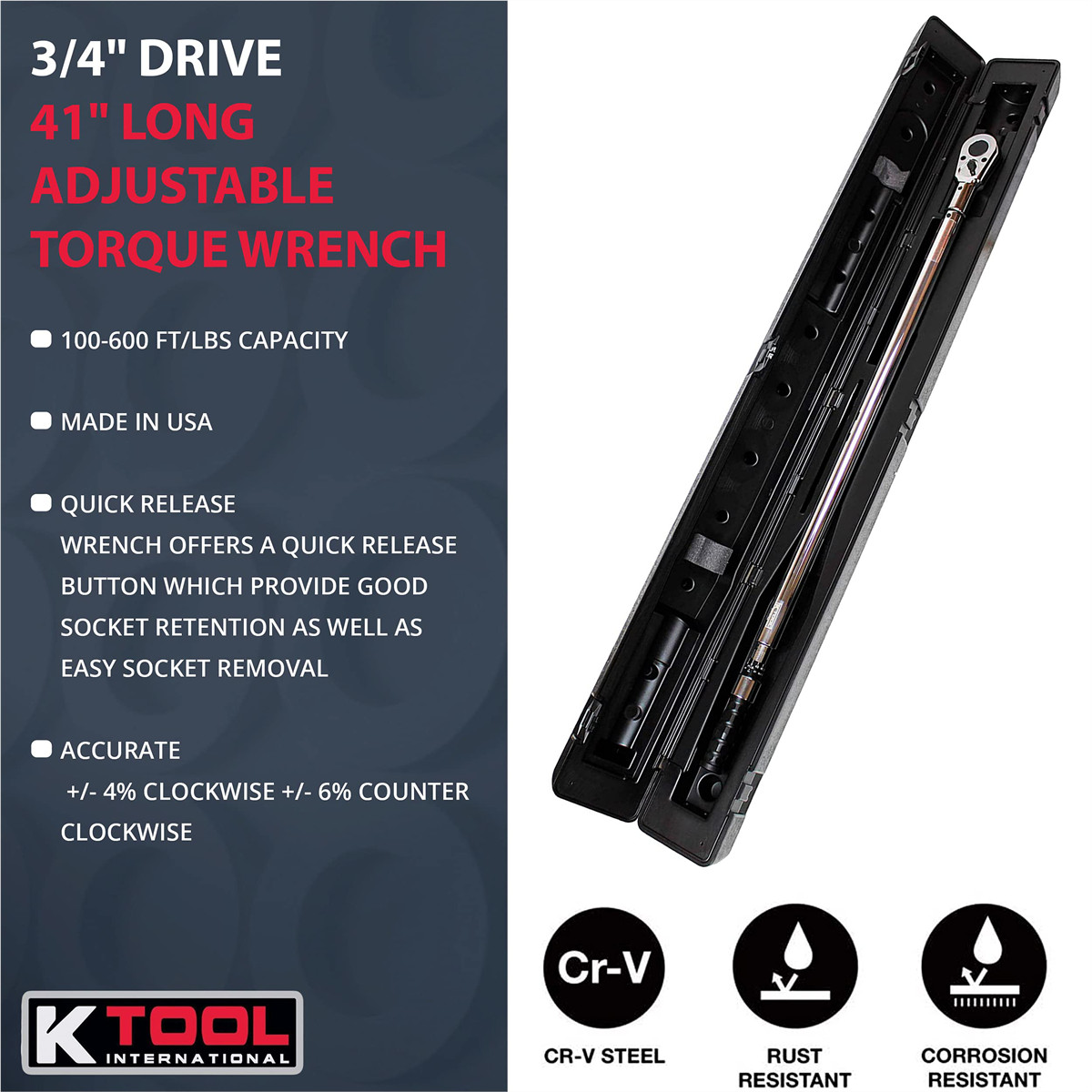 K-Tool 72176A 3/4″ Drive 41″ Long Adj Torque Wrench, 100-600 ft/lb