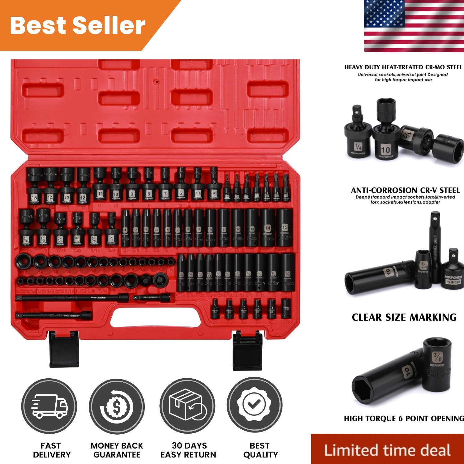 86-Piece 1/4″ Drive Impact Socket Set – Chrome Vanadium & Corrosion-Resistant
