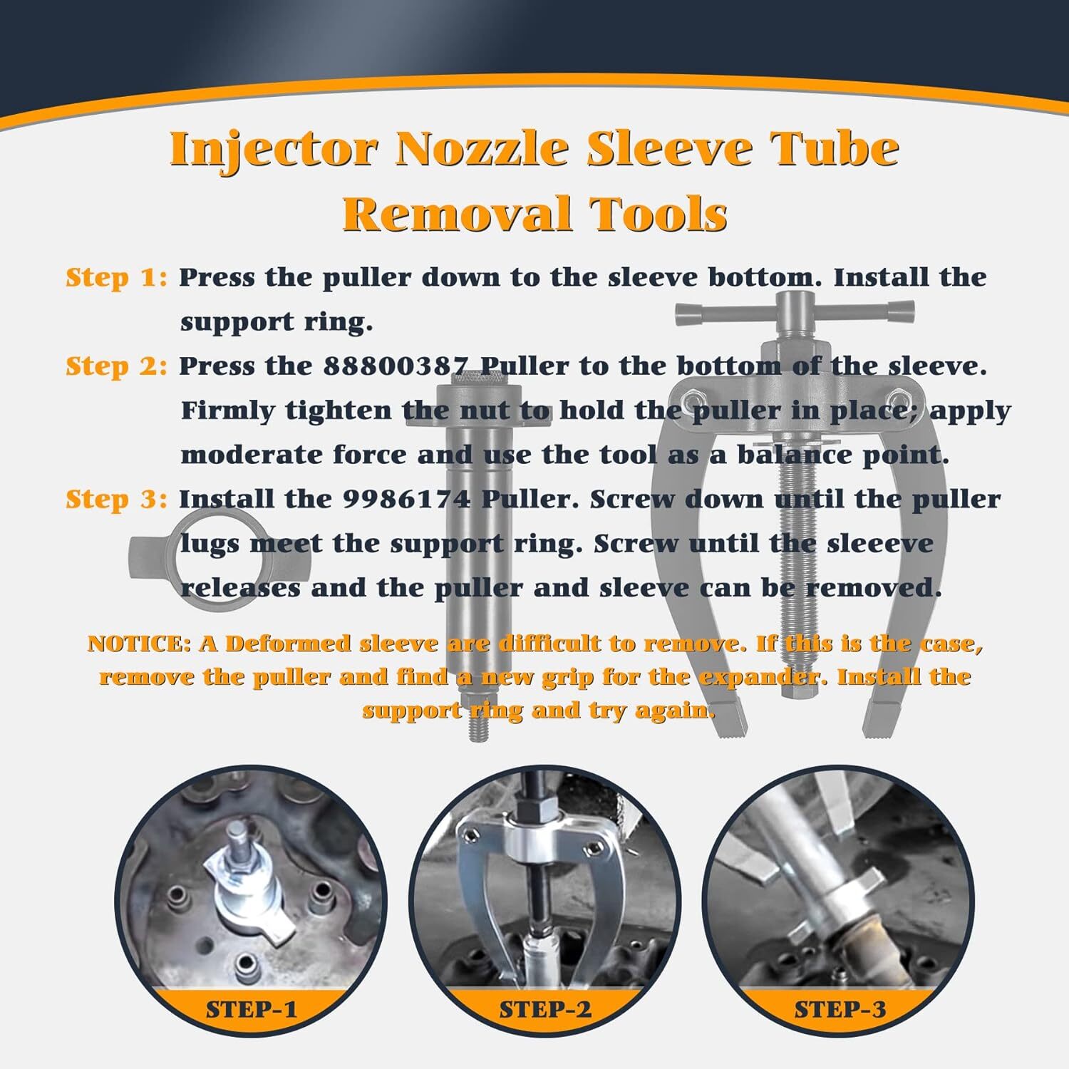 INJECTOR SLEEVE NOZZLE CUP TUBE REMOVAL & INSTALL TOOL FOR VOLVO D11 D12 D13 D16