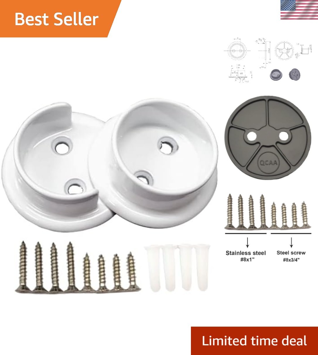 1 Pair Matte White Heavy Duty Metal Rod Socket Set – Ideal for Closets, 1-3/8»