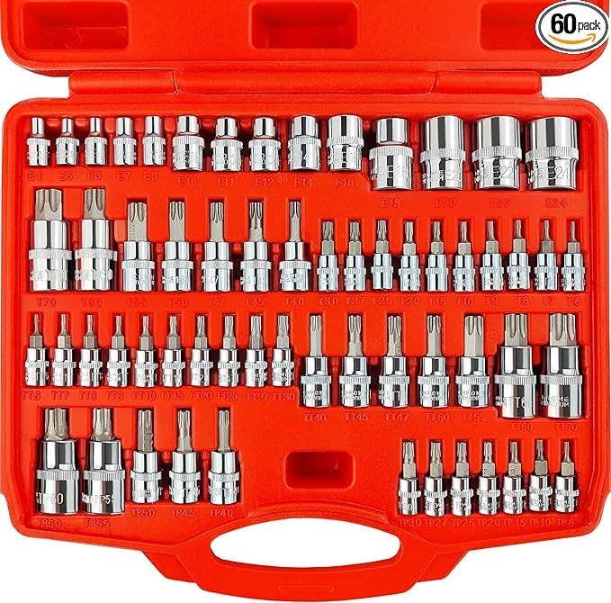 Master Torx Bit Socket and External Torx Socket Set, 60-Piece 1/4″, 3/8″, 1/2″