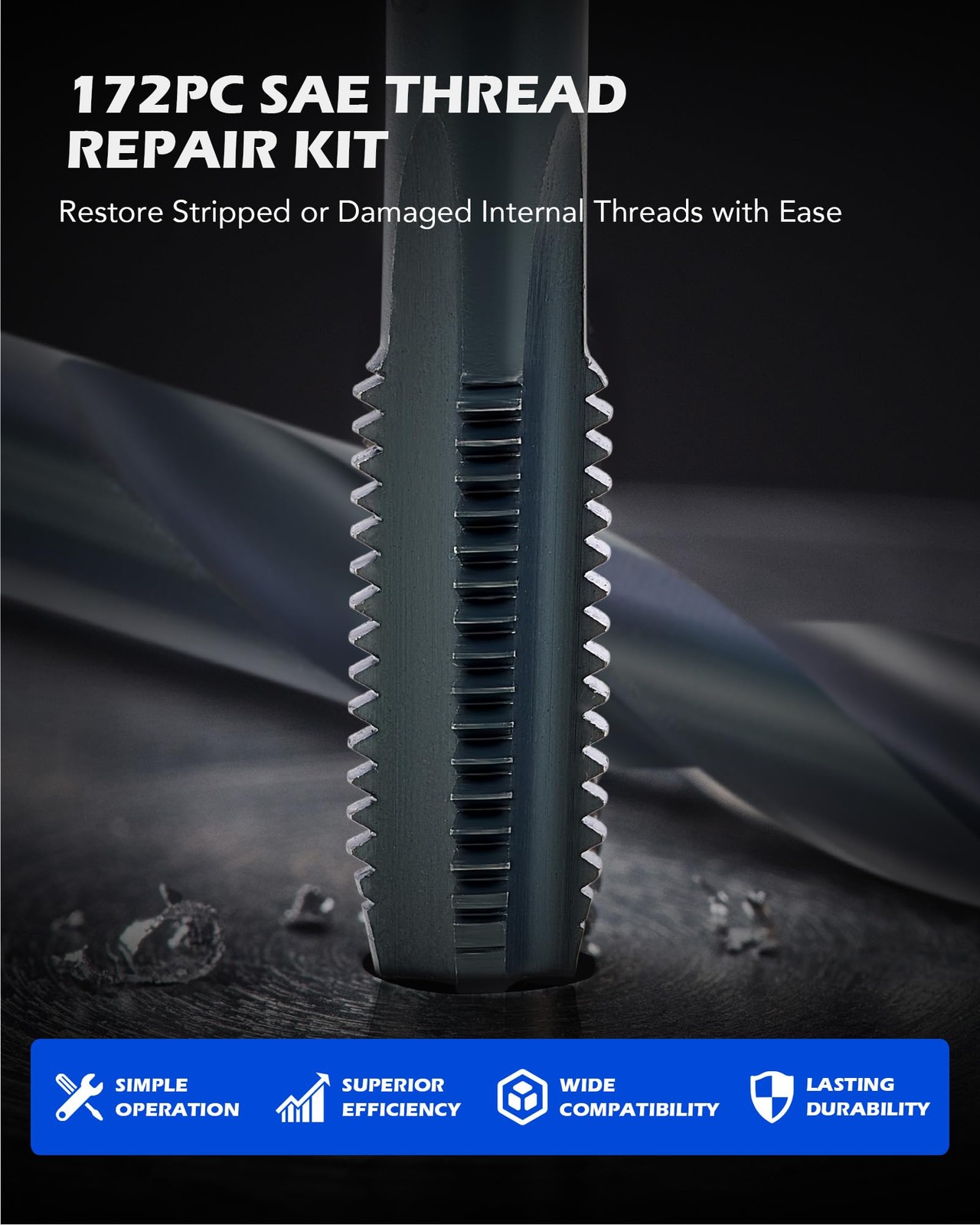 172pc Thread Repair Kit, SAE Set, Silver, Blue
