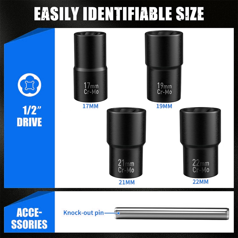 5Pcs/Set Twist Socket 1/2” Drive For Wheel Lug Nut Damaged Removal and Extractor