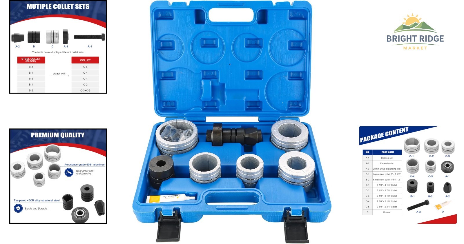 Muffler Pipe Spreader Tool Set for Enlarging Exhaust Pipes 1-5/8 to 4-1/4 Inches