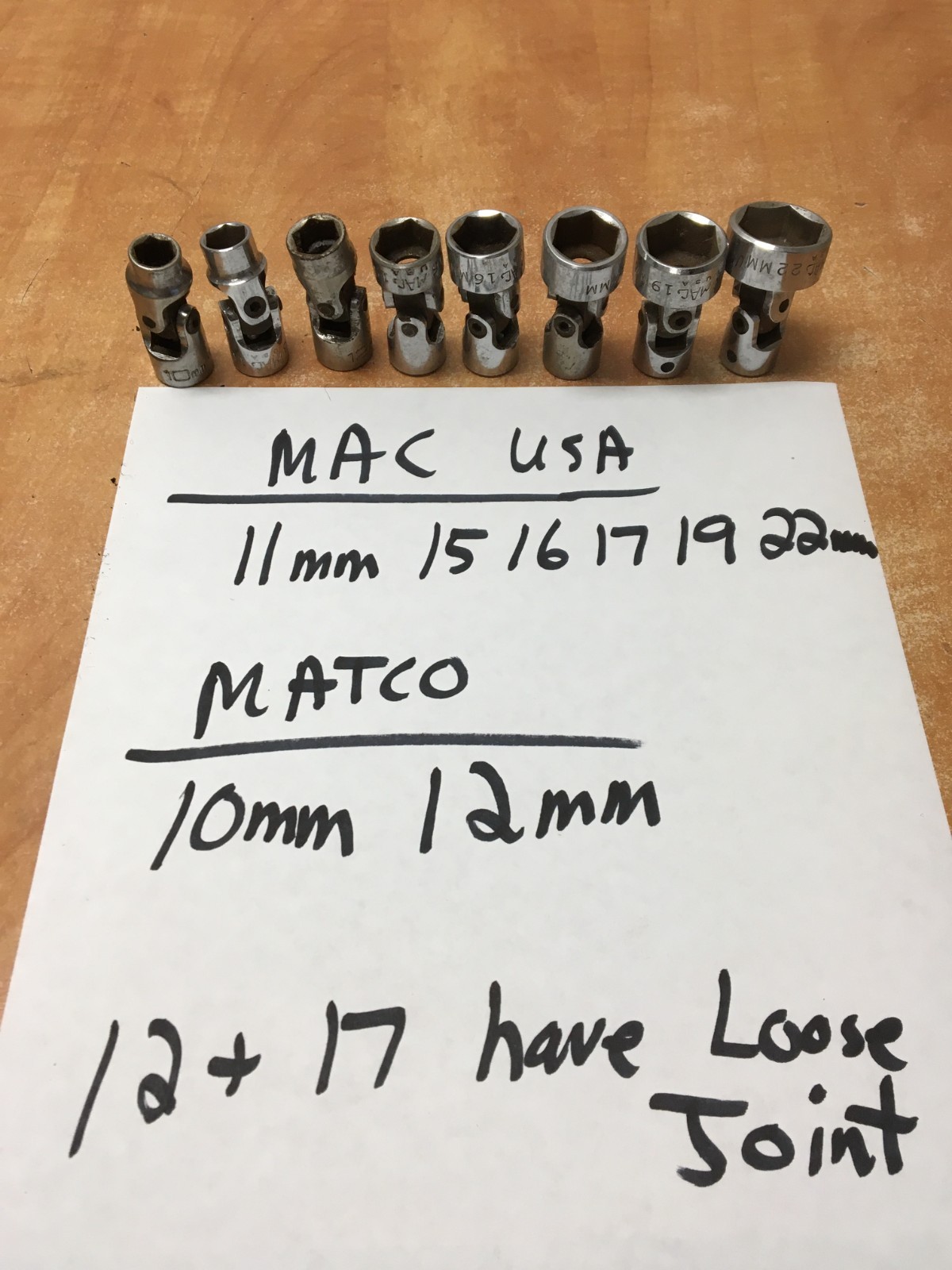 Mac USA & Matco 8pc Metric 3/8 Dr Swivel Universal Socket Set 10-12 15-17 19 22