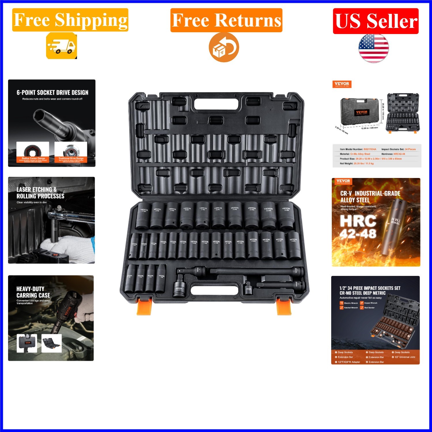 34-Piece 1/2″ Drive Impact Socket Set, Metric 8-36mm, Cr-Mo Steel