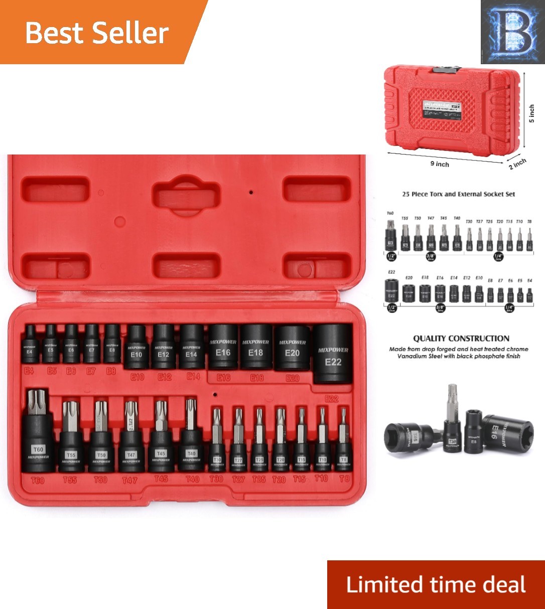 25-Piece Torx Bit and E-Torx Socket Set for Automotive and Industrial Use
