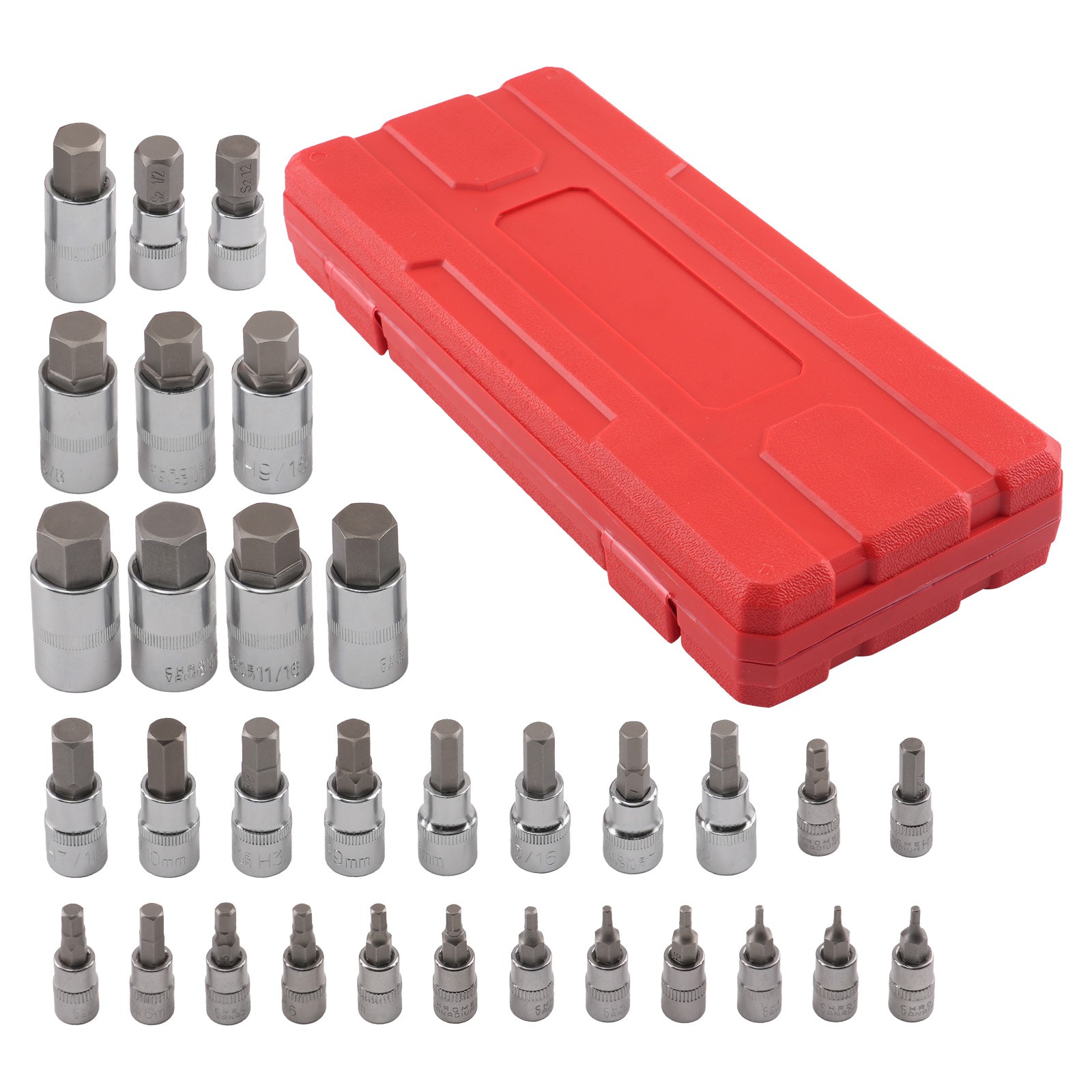 32pc S2 Steel Hex Socket Bit Set 1/4 3/8 1/2 in Drive Chrome Metric