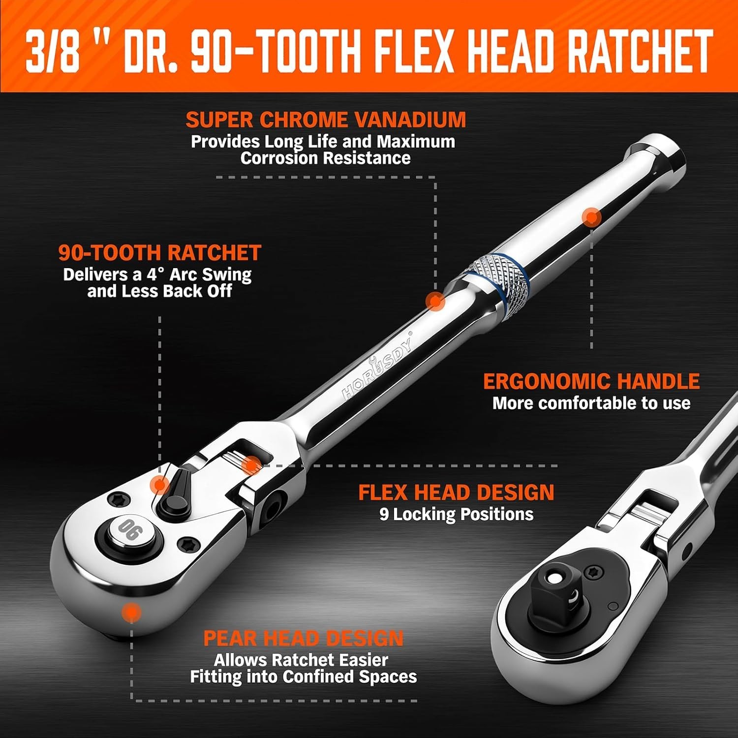 3/8″ Drive 90-Tooth Flex Head Ratchet Handle, 180° Adjustable CR-V Ratchet wi…