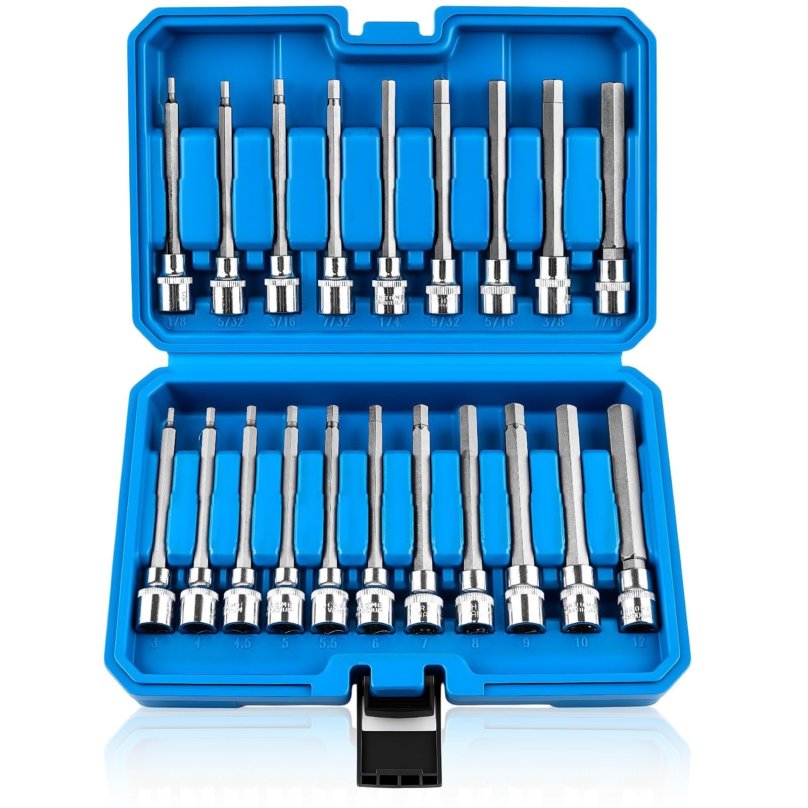 20PCS Extra-Long Allen Hex Bit Socket Set, 3/8″ Drive, SAE & Metric Sizes, CR-V/