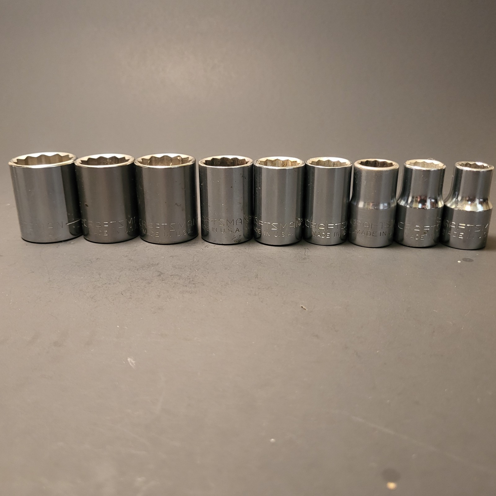 Craftsman made in USA 9 piece 1/2” dr socket set 12 pt 7/16” to 15/16”