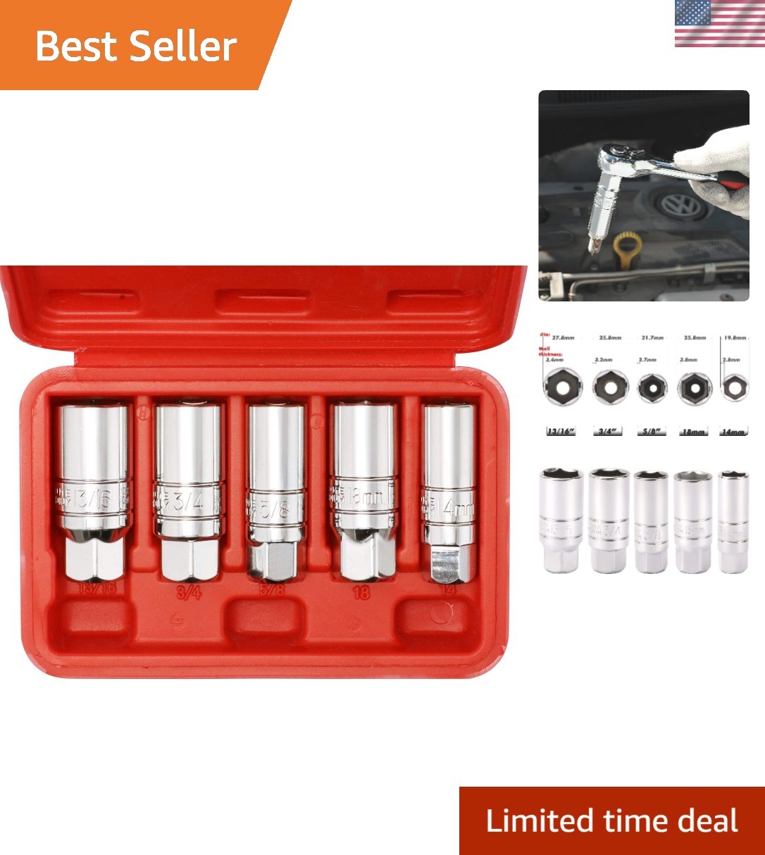 5-Piece Spark Plug Socket Set – Chrome Vanadium, 3/8-Inch Drive, ANSI Quality
