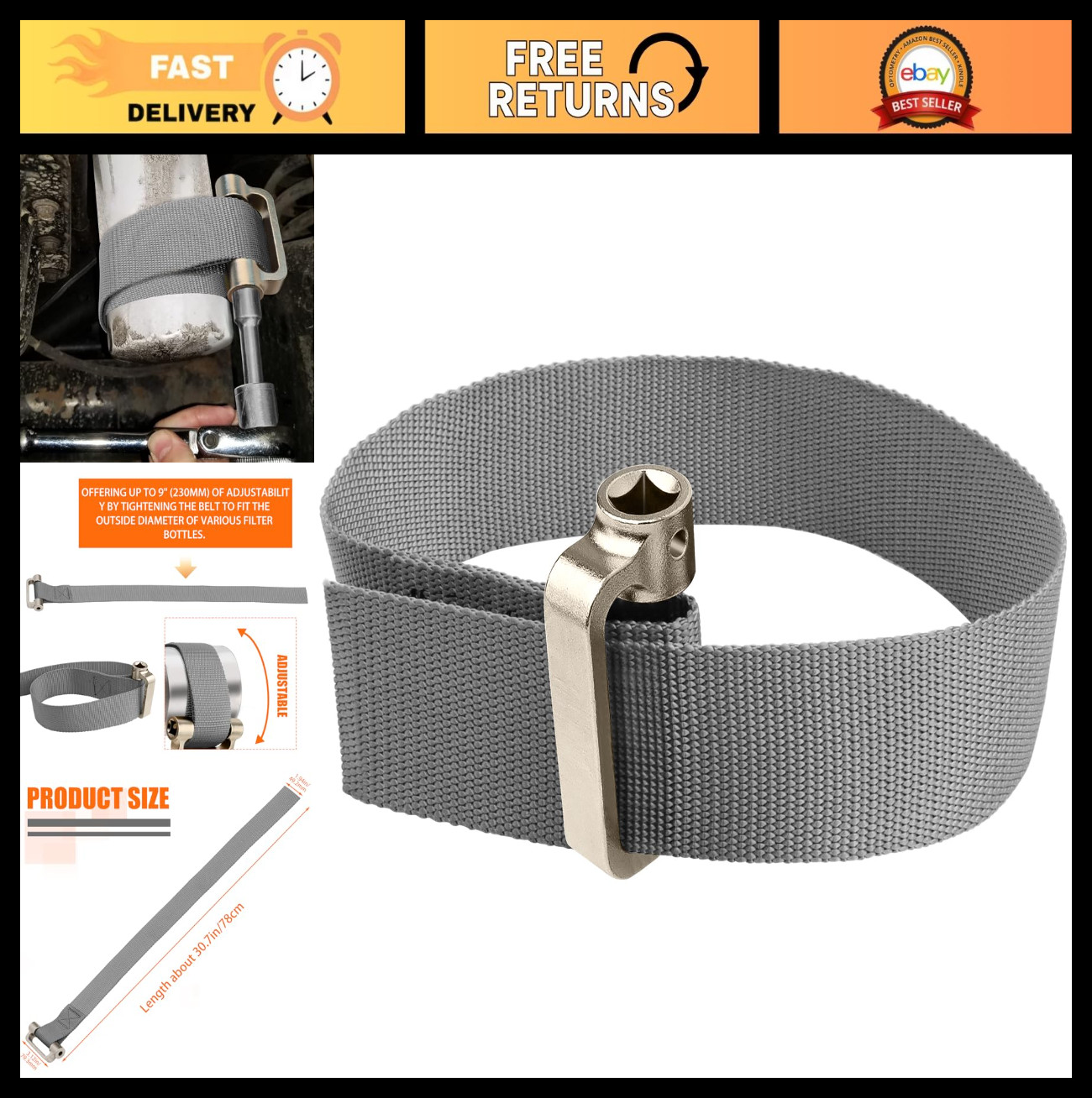 Heavy Duty Oil Filter Strap Wrench – 1/2″ Drive Adjustable Tool for Easy Removal