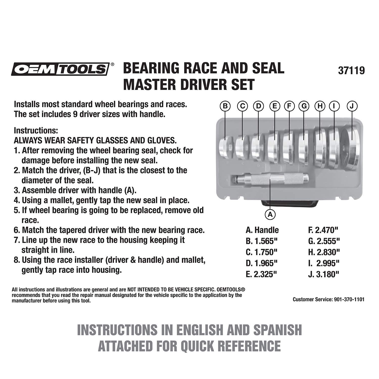 OEMTOOLS 37119 10 Piece Bearing and Race Installer Set, Seal One Size, Green