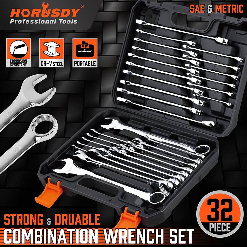 32PC Combination Wrench Spnner Set SAE Metric 1/4-1″ & 7-22mm 12 Point with Case