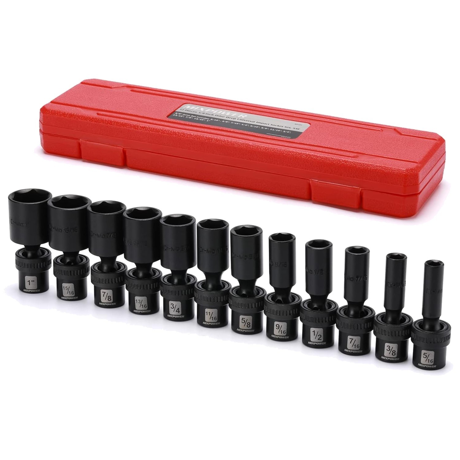 12 Pc Set 3/8″ Drive Deep Impact Swivel Socket, Chrome Moly//