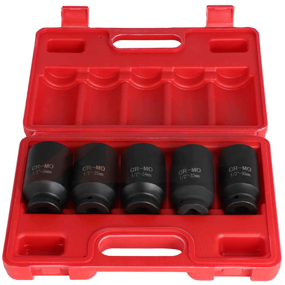 5pcs 1/2» Deep Spindle Axle Nut Socket Set 12 Point 30mm 32mm 34mm 35mm 36mm
