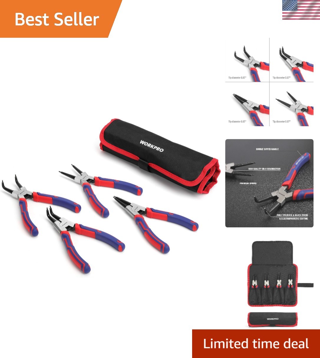 Heavy Duty 4-Piece Snap Ring Pliers Set – Ergonomic and Compact Storage Included