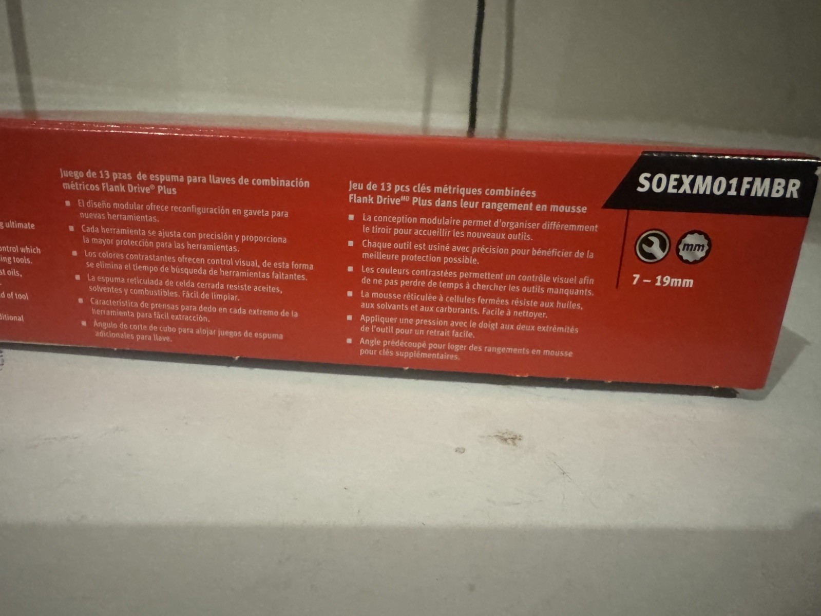 Snap On Tools SOEXM01FMBR 13Pc Metric Combination Wrench Set 7mm-19mm Red Foam