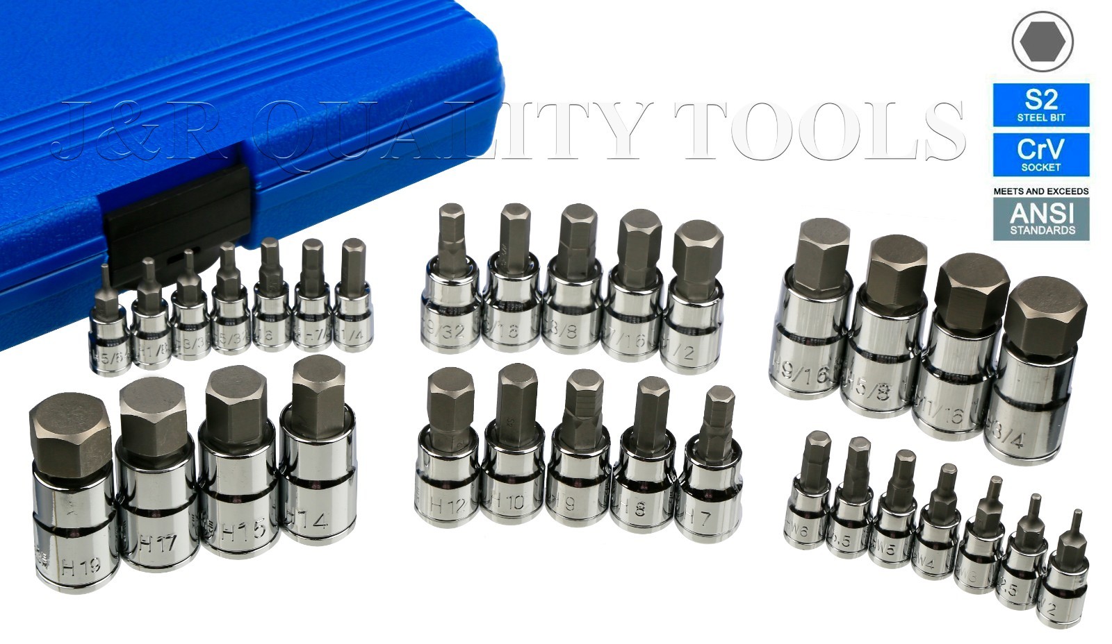 32 Pc Hex Bit Socket Set SAE & Metric 1/4″ 3/8″ 1/2″ Drive Impact Rated Cr-Mo