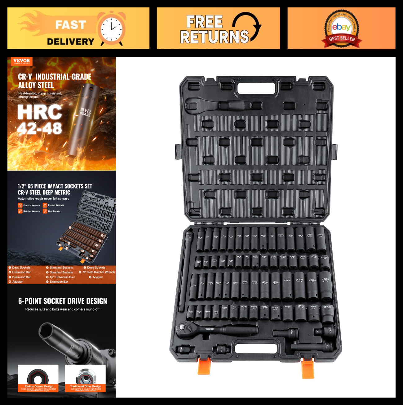 65-Piece Impact Socket Set, 1/2″ Drive, SAE & Metric, Cr-V Alloy Steel, 6 Point