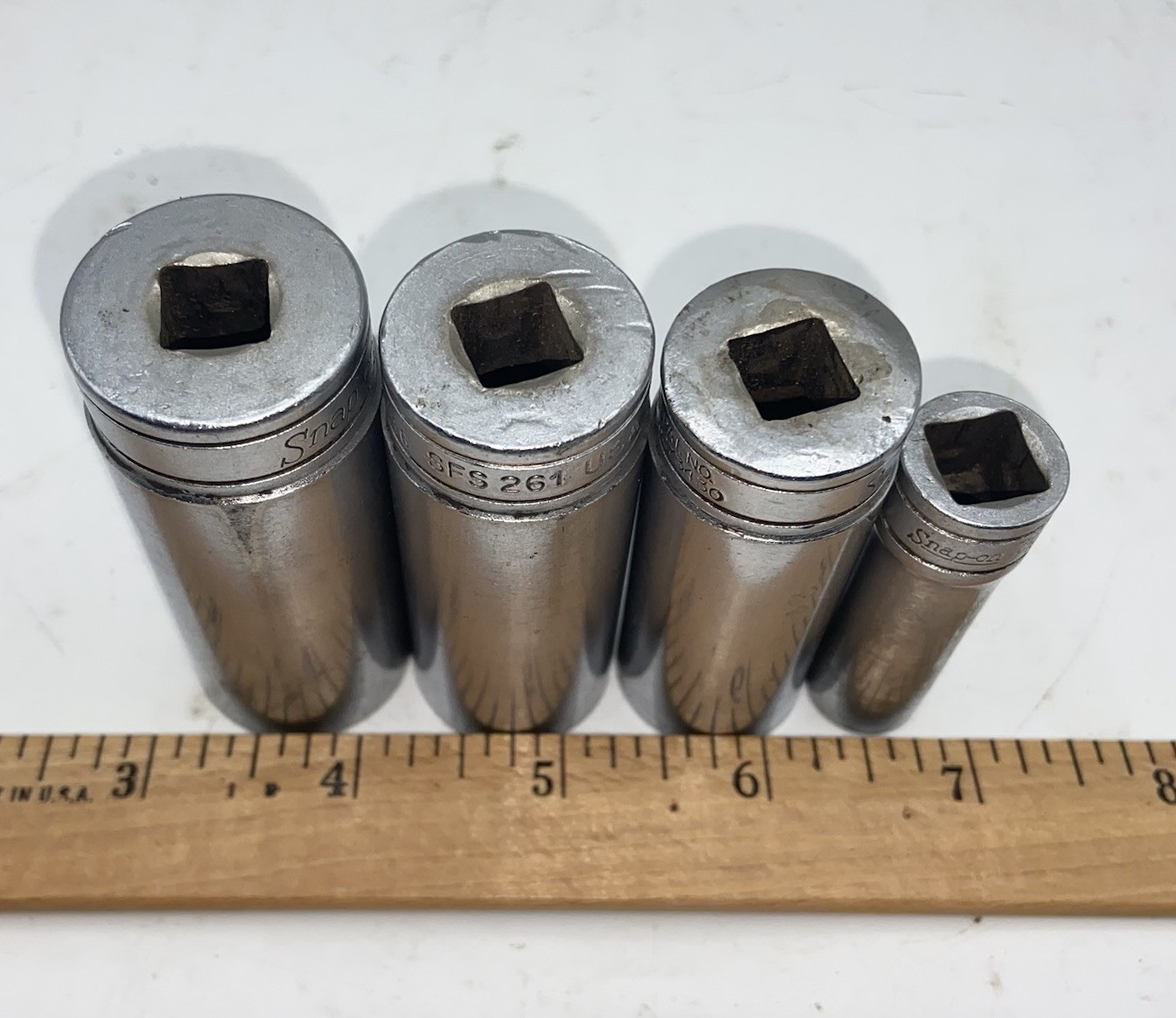 Snap-On 3/8″ Drive SAE Socket Deep Well 6 PT 4 pieces 7/16”, 7/8”, 3/4”, 13/16”