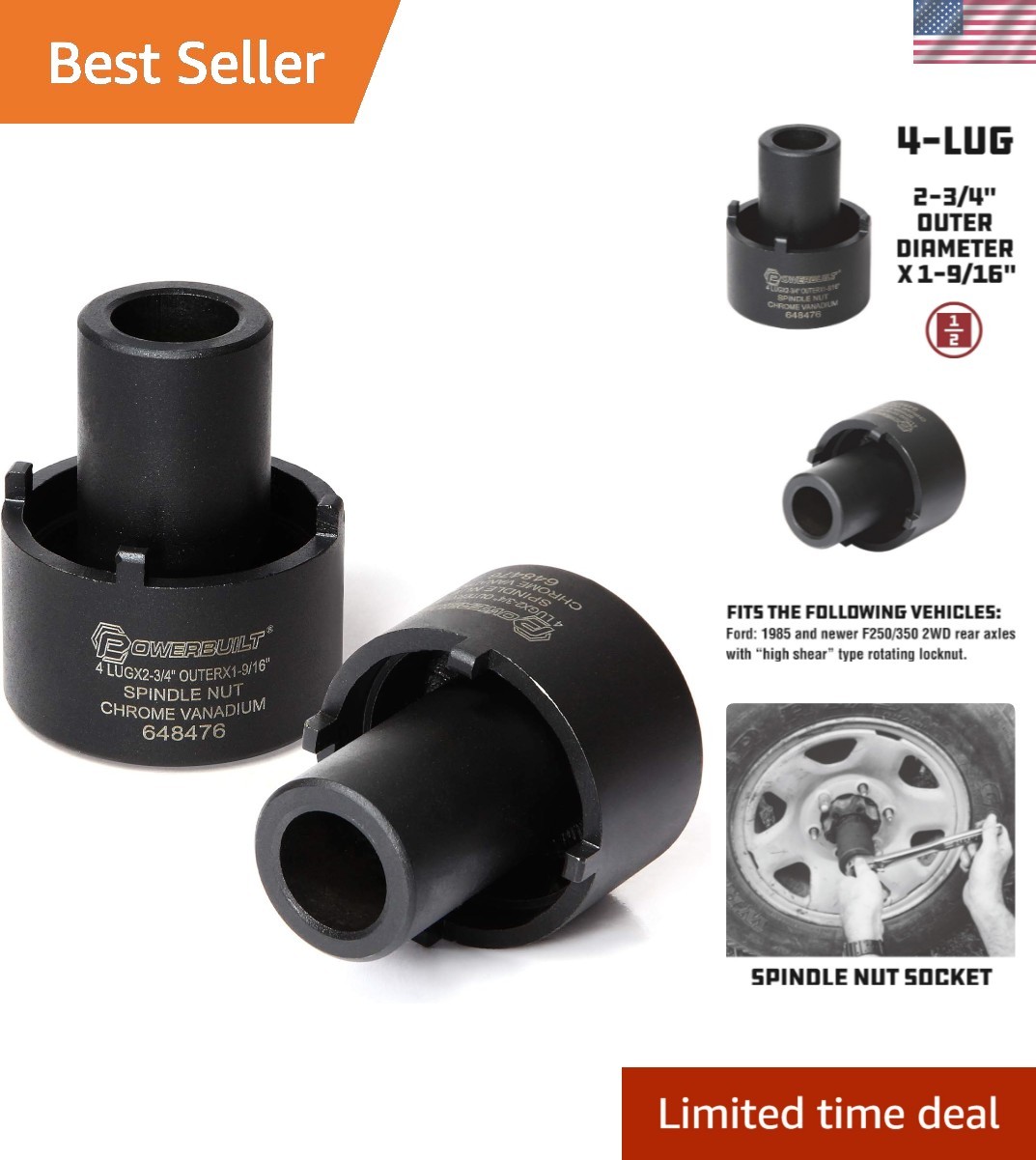 Ford Spindle Nut Socket 4-Lug – 2-3/4″ Outer, Durable Chrome Vanadium Steel