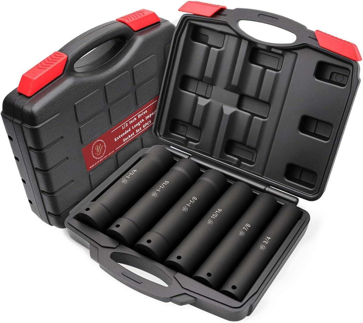 6Pcs 1/2″ Drive Extended Length Impact Socket Set, SAE Unit Sizes 3/4″ to 1-1/4″