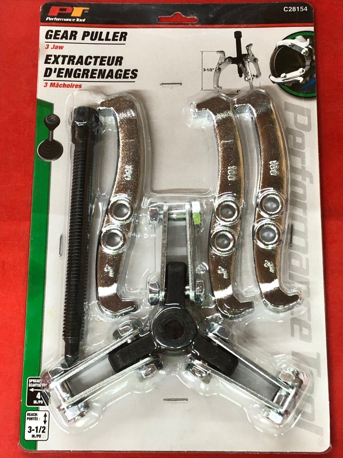 PERFORMANCE TOOL C28154 GEAR PULLER 4″ INCH REVERSIBLE 3 JAW 3-1/2″ REACH