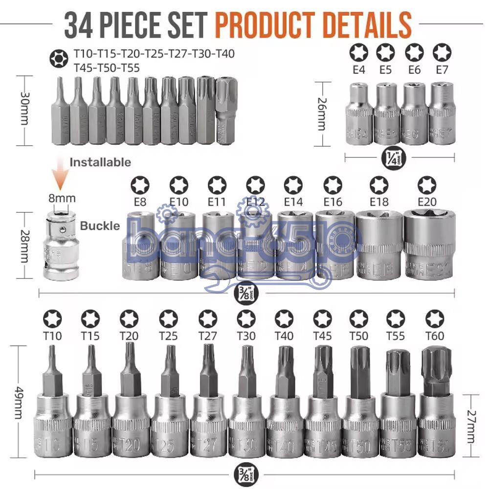 34pcs Torx Star Sockets & Bit Set Male Female E-torx Security Bits 3/8 Drive US