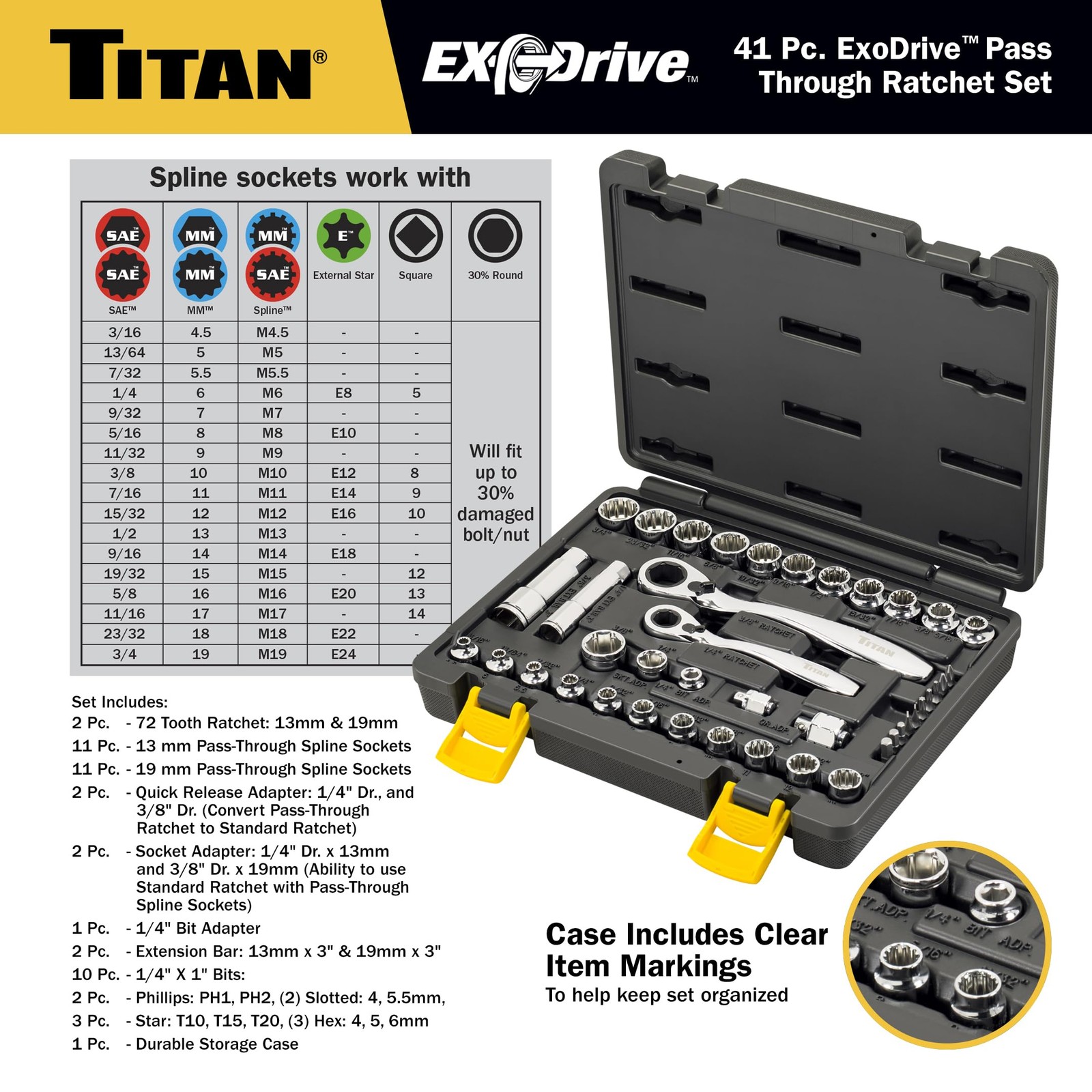 Titan 17441 1/4-Inch & 3/8-Inch Drive 41-Piece ExoDrive Set, Silver