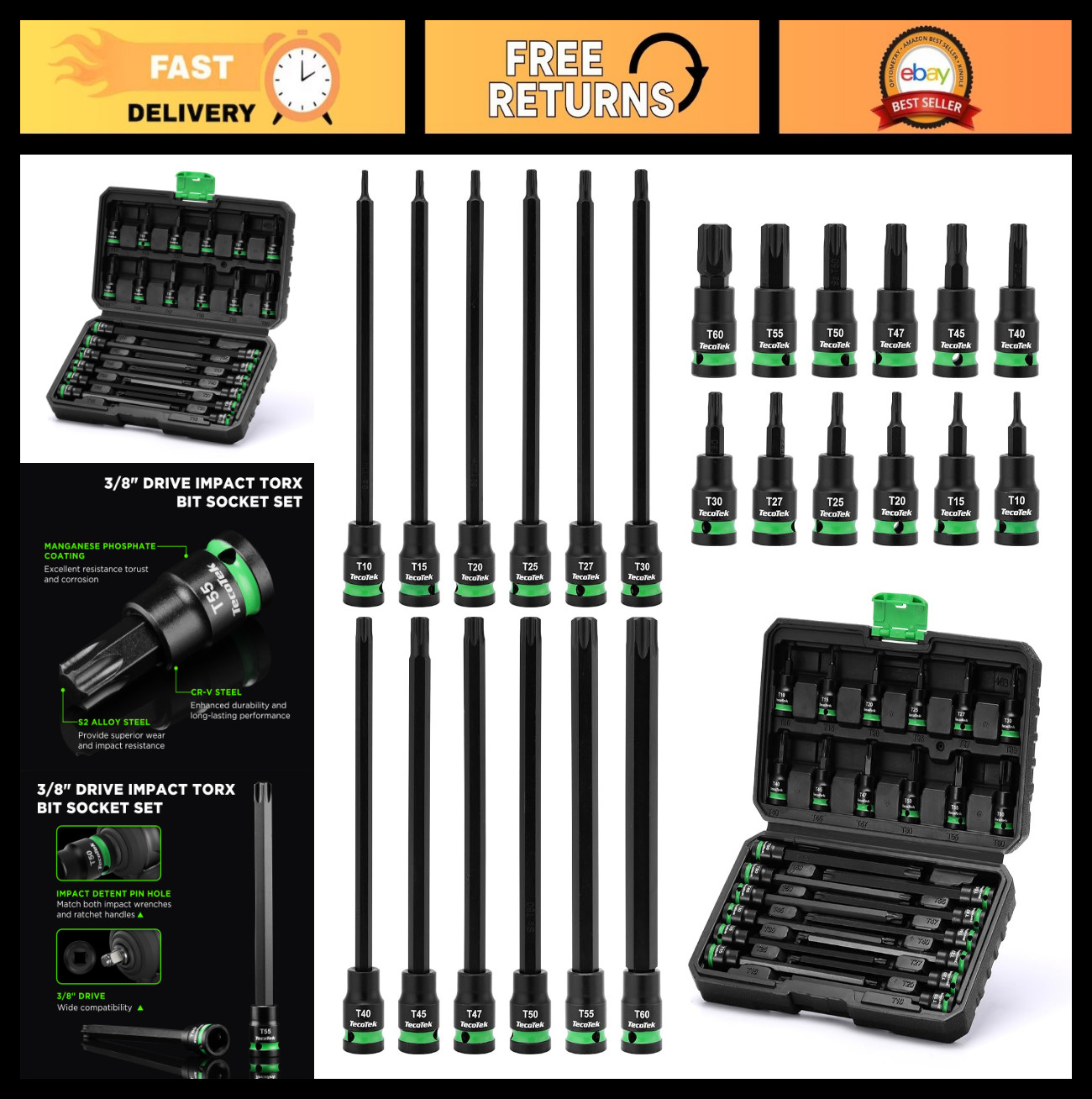 Extra Long 24PCS Torx Bit Socket Set, 3/8″ Drive, T10-T60, S2 Alloy Steel, CR-V,