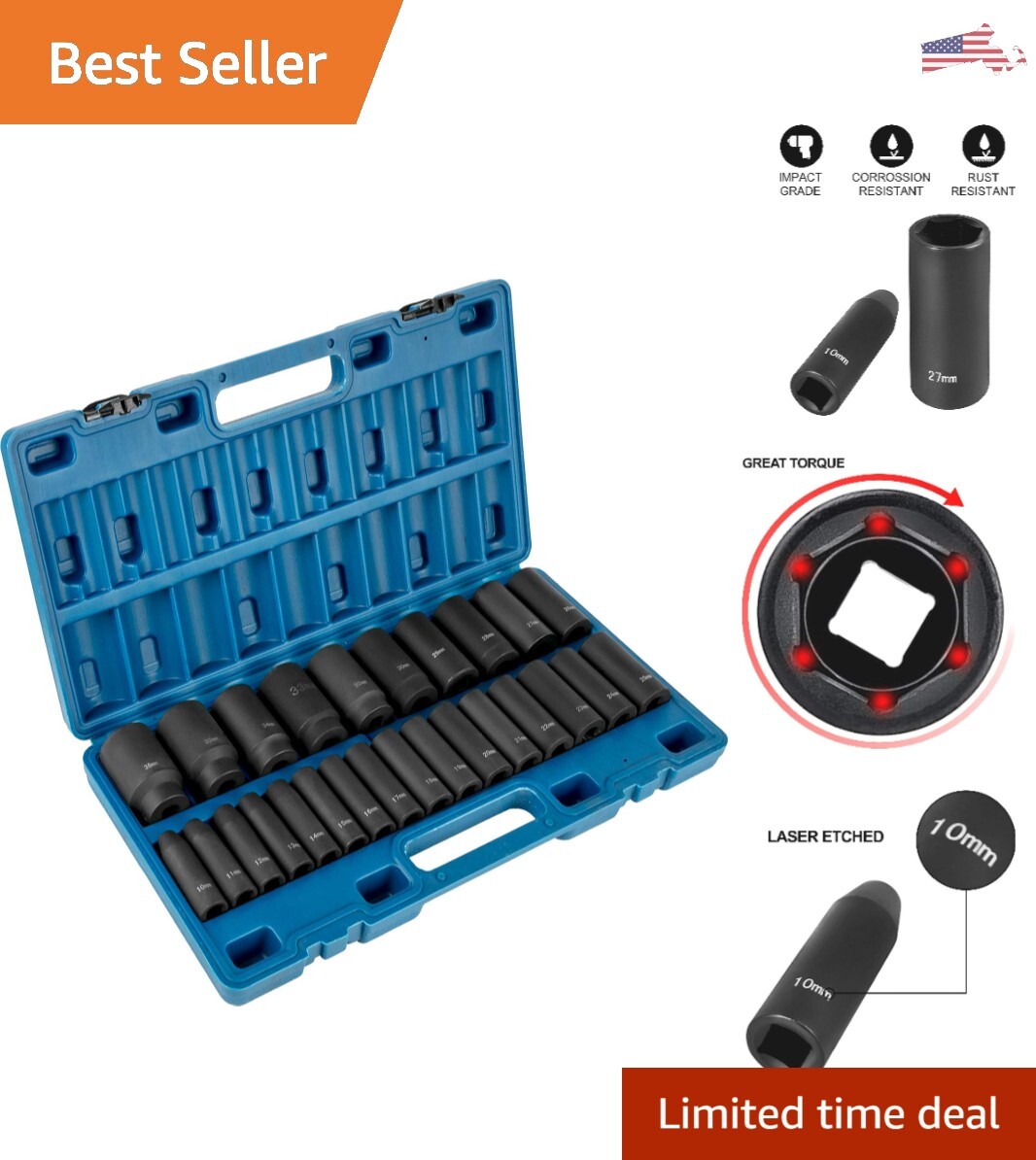 Heavy-Duty Impact Socket Set – 6-Point Sockets – Alloy Steel – Drive – 10mm