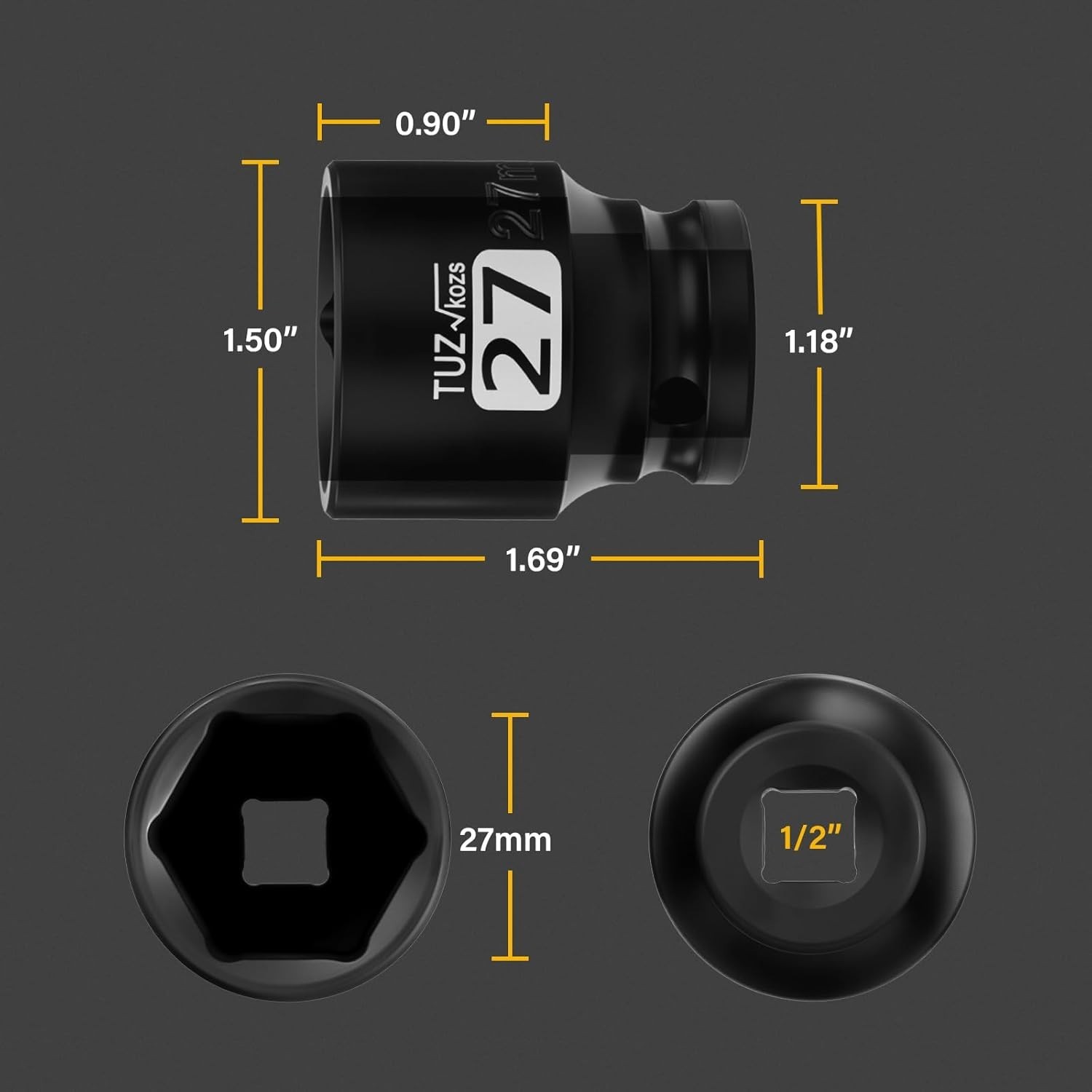 Durable 1/2 Inch Drive 27mm Shallow Impact Socket – Corrosion-Resistant Design