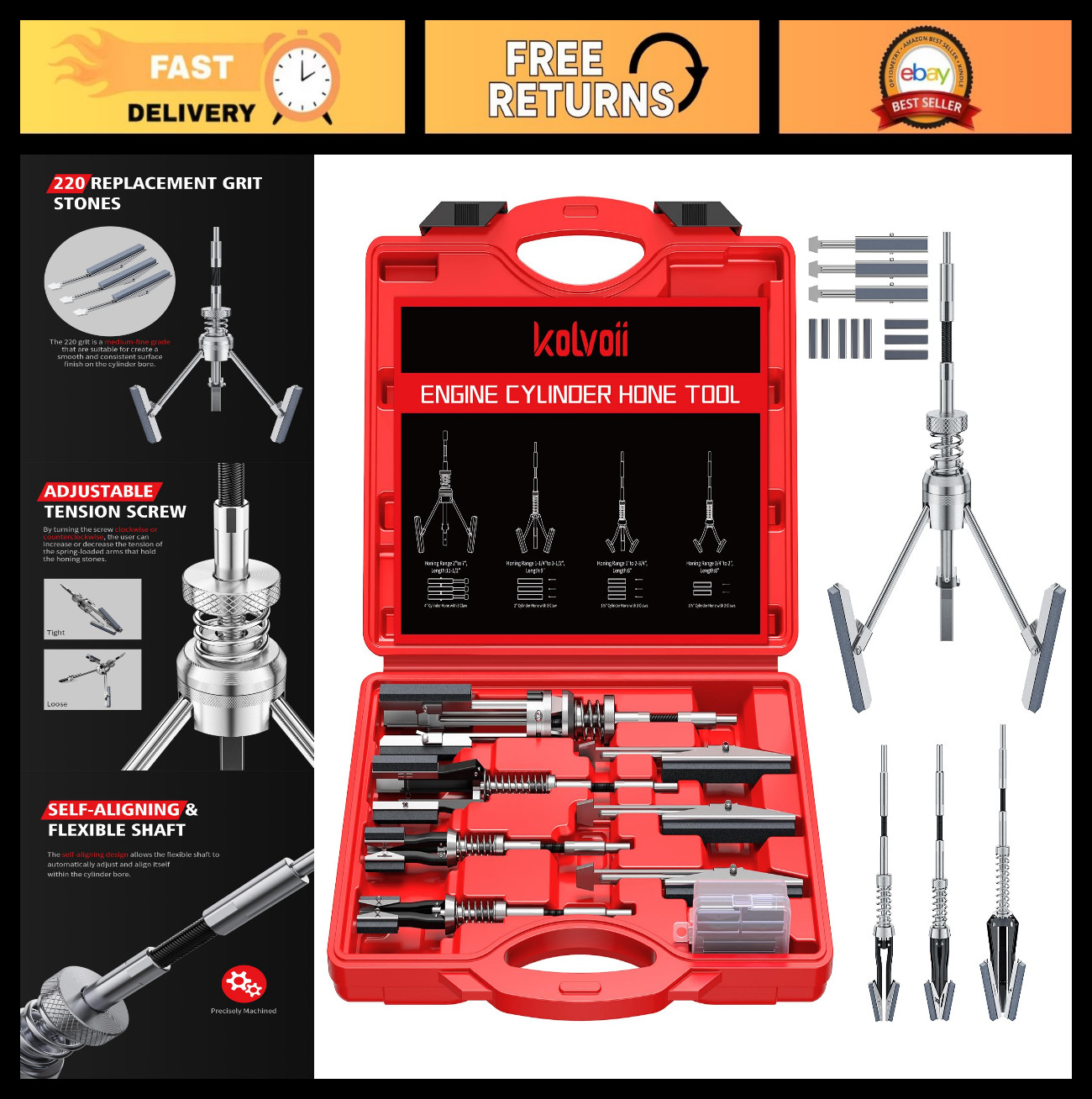 Adjustable Cylinder Hone Tool Set for 3/4″ to 7″ Engines, 11 Replacement Stones