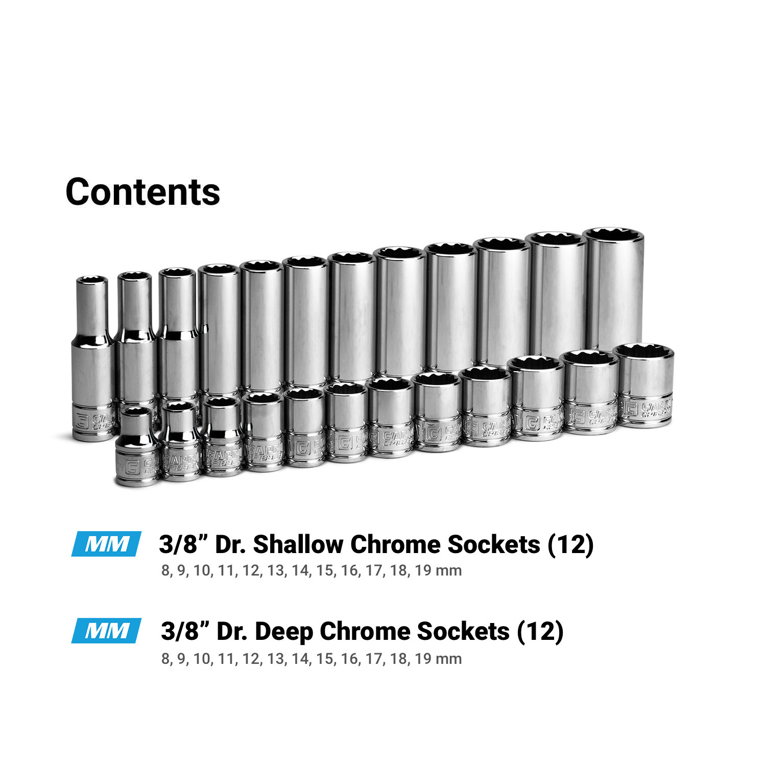 Capri Tools 3/8 in. Drive 12-Point Socket Set, 8-19 mm, Metric, 24-Piece