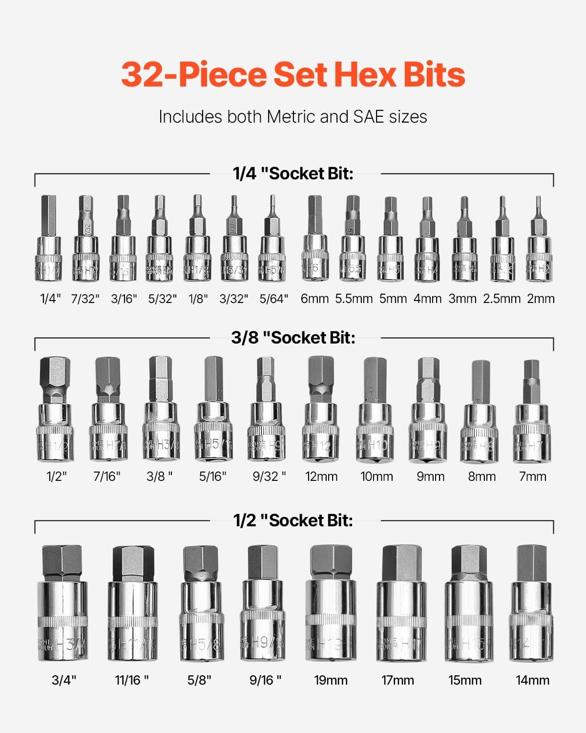 32-Piece Hex Bit Socket Set – S2 Alloy & Cr-V Steel, SAE/Metric, 1/4″, 3/8″, 1/2