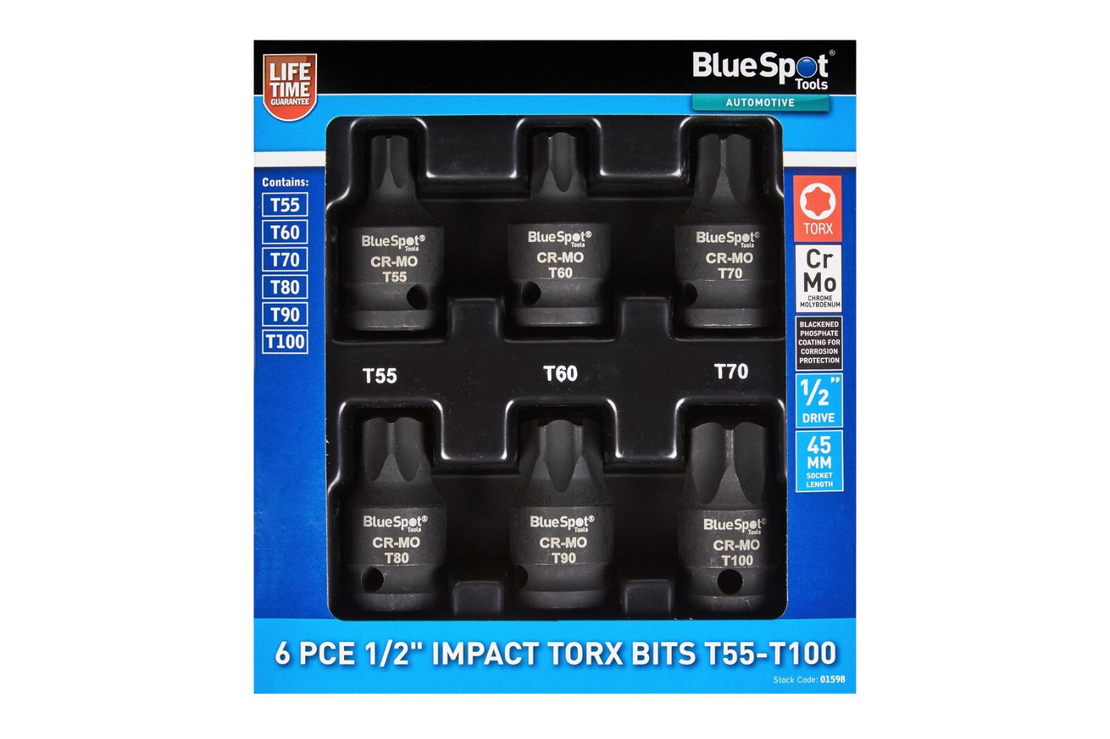 Blue Spot Tools 6 Piece Impact Torx T55-T100 Bit Socket Set 1/2»D * MD1