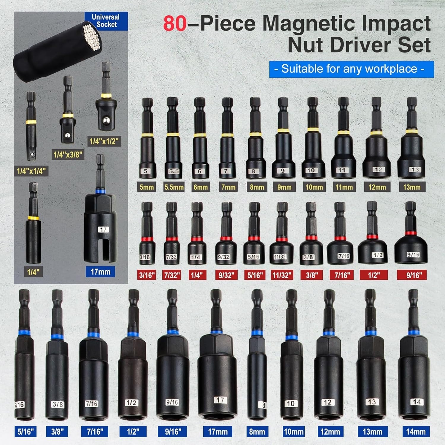 80pc Magnetic Impact Nut Driver Set Metric & SAE with Socket Adapters Bit Holder