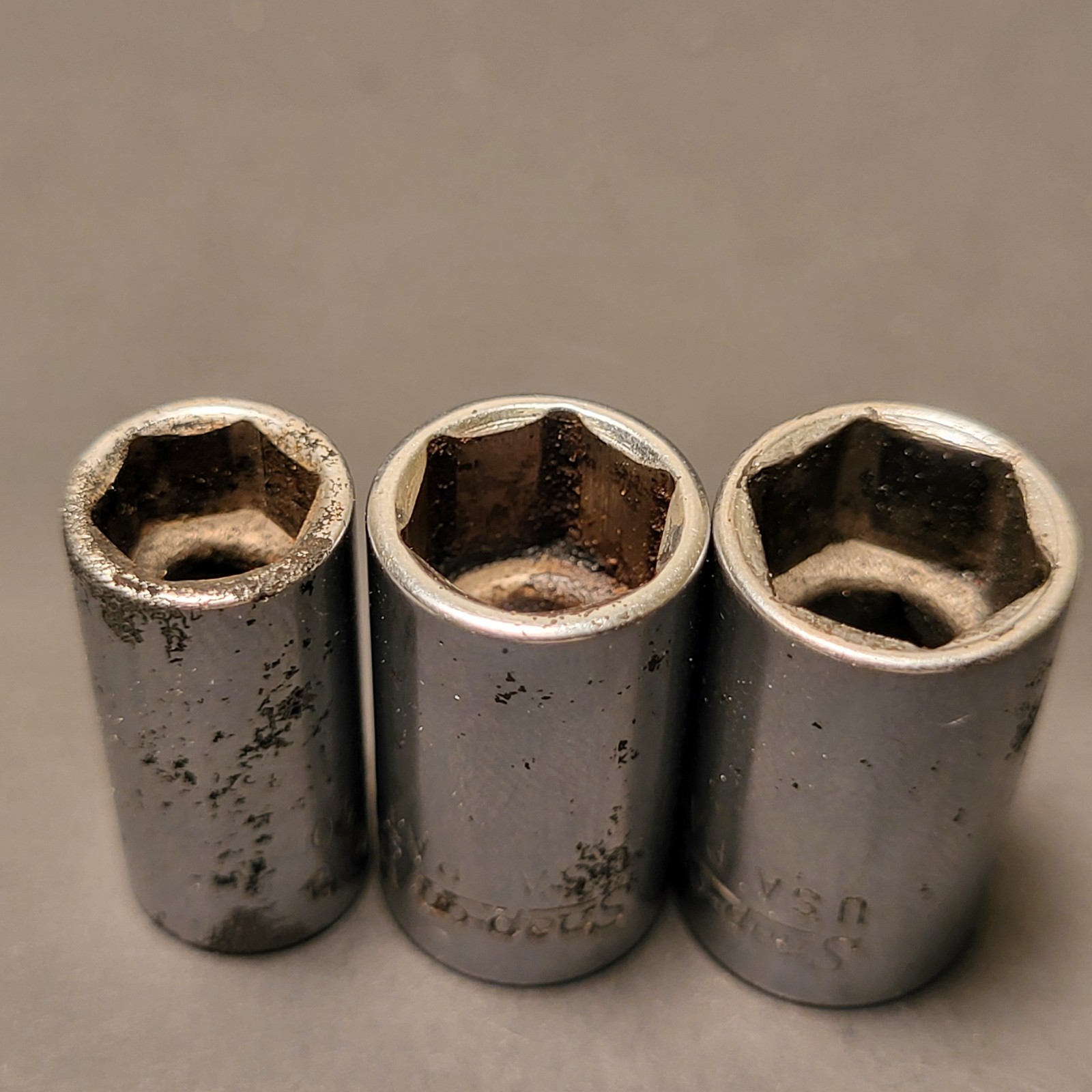 Snap On 5 piece 1/4” drive sockets 6 point 7/16” 14mm 3/8” 11/32” 9/32”