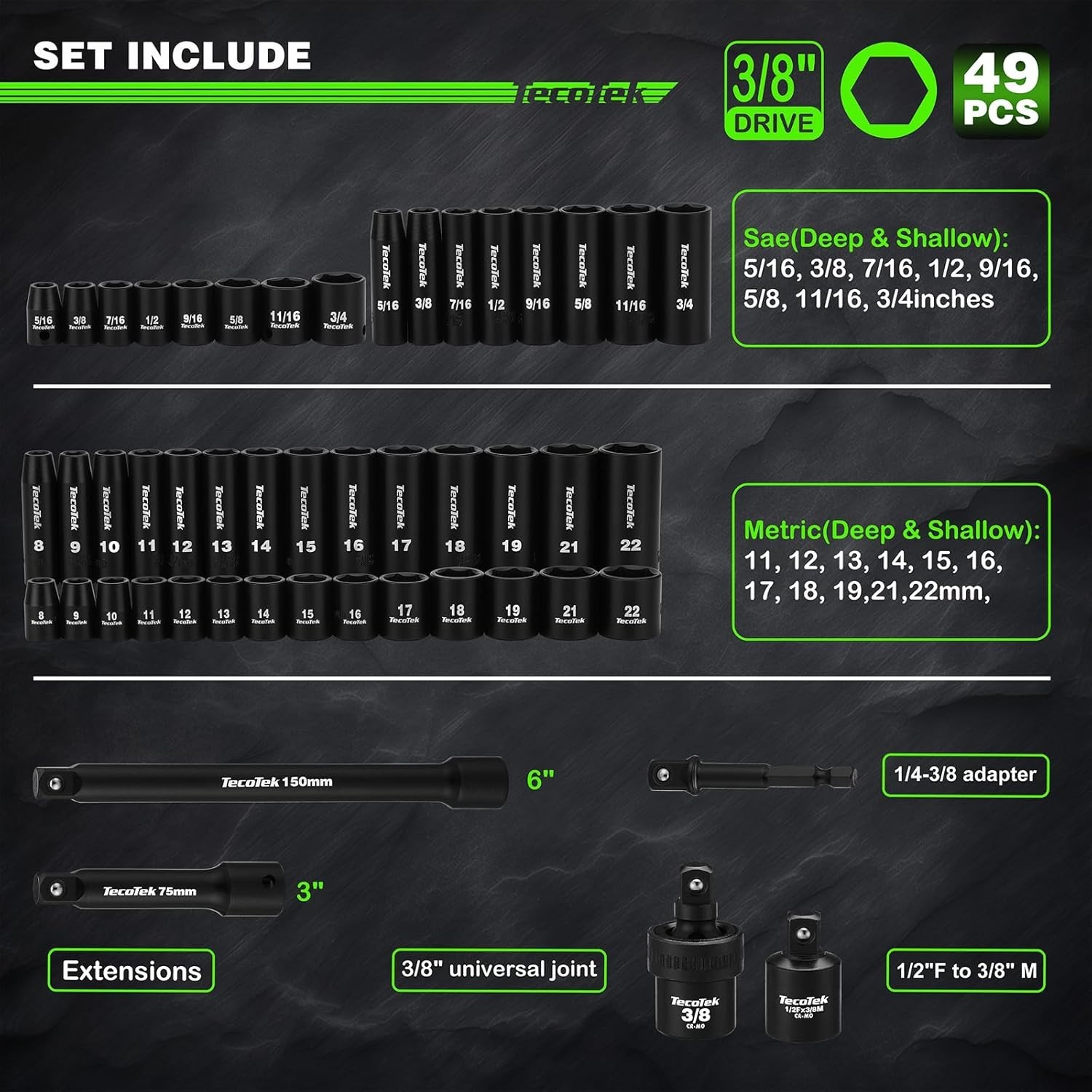 Durable 3/8″ Drive Impact Socket Set, 49-Piece SAE & Metric with Extension Bars