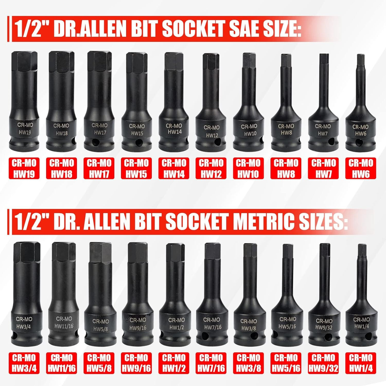 1/2″ Drive Master Impact Hex Bit Set SAE Metric Hex Head Driver Allen Bit Socket