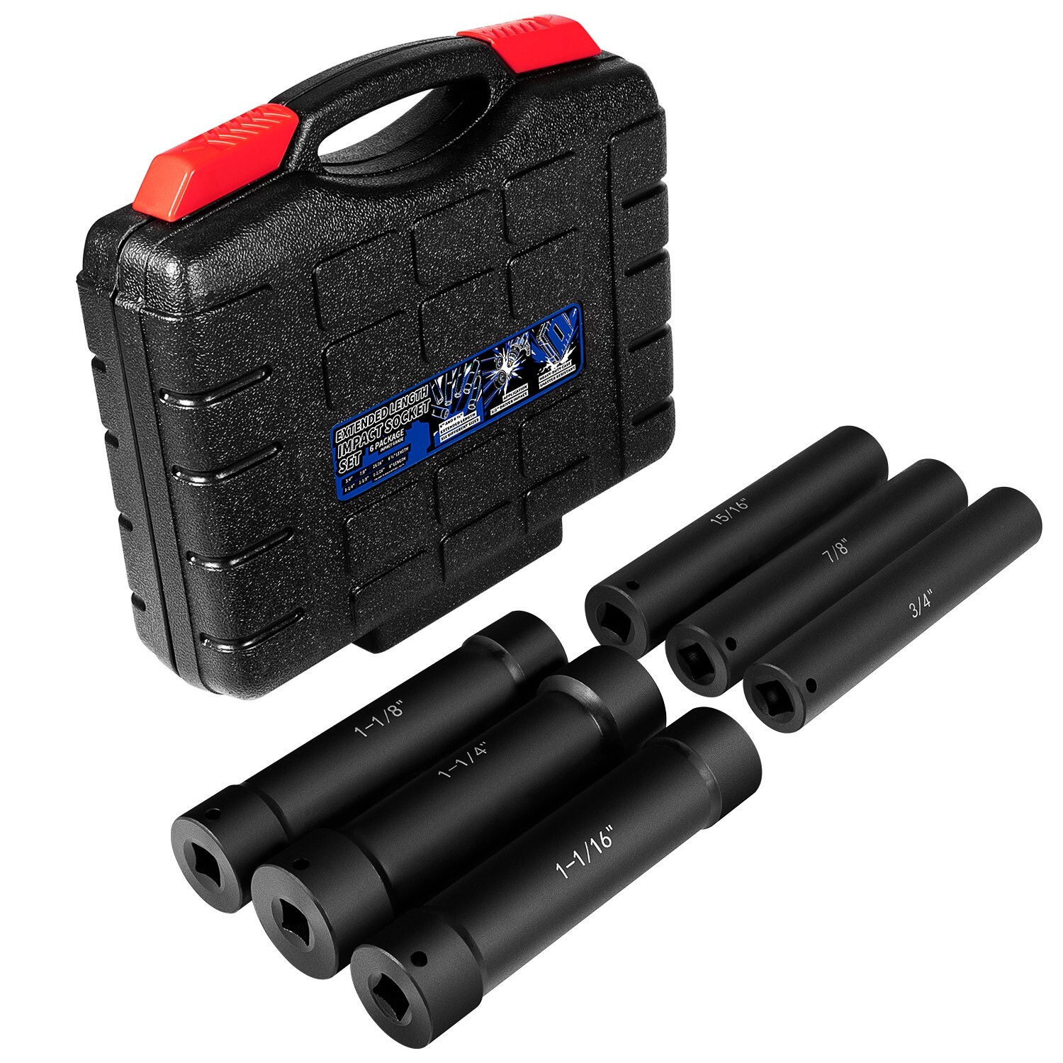 1/2 Inch Drive Heavy Duty Extended Length Extra-Deep Length Impact Socket , 6 PC