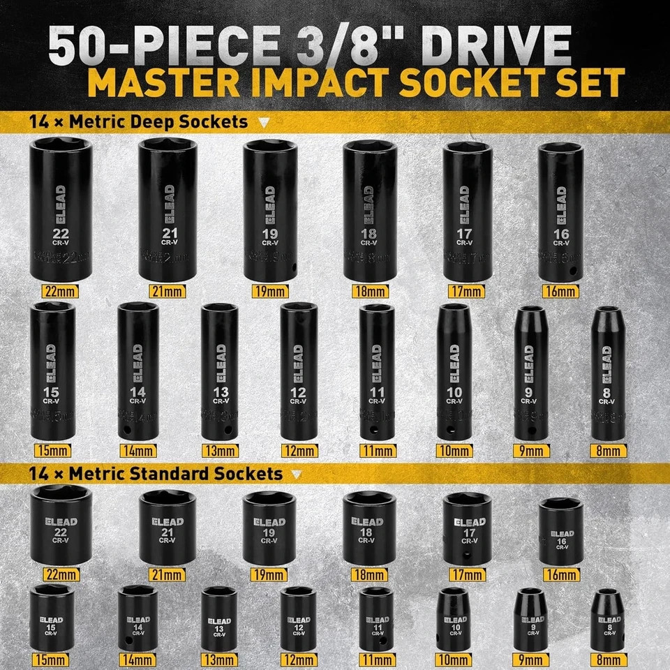 3/8″ Drive Impact Socket Set 50PCS Shallow & Deep Socket Set Metric and Standard
