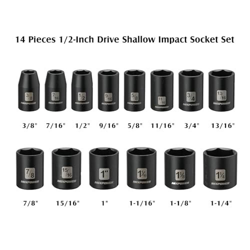 14-Piece 1/2″ Drive Shallow Impact Socket Set, SAE 6-Point, CR-V, 3/8″ to 1-1/4