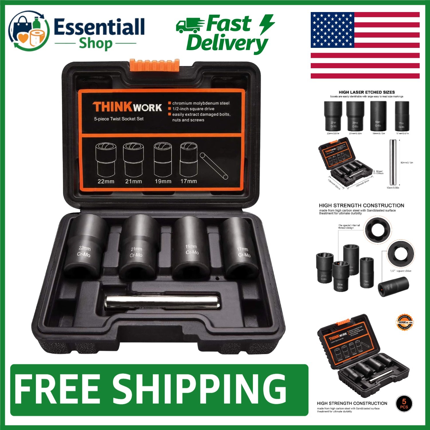 5-Piece High Carbon Steel Lug Nut Removal Tool Kit for Stripped and Rusted Nuts