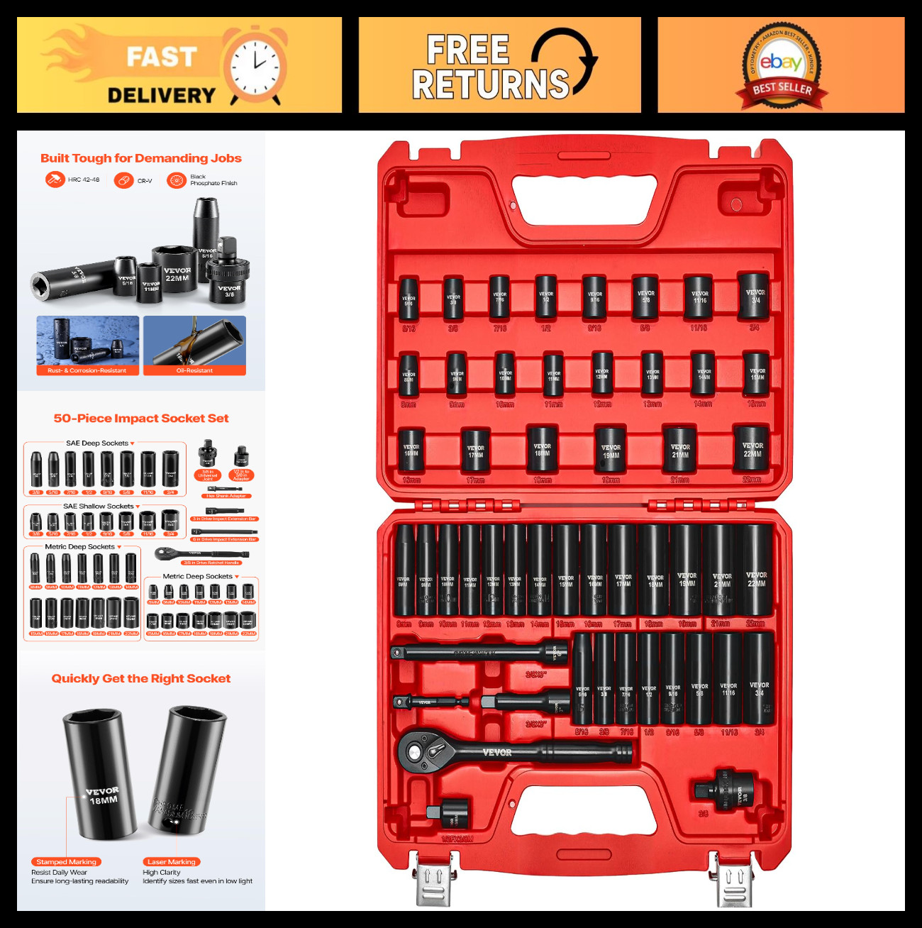 50-Piece 3/8″ Drive Impact Socket Set – SAE & Metric, Deep/Shallow, 6 Point, CR-